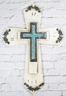 Rustic Western Turquoise Floral Scrollwork Faux Wood Layered Wall Cross Crucifix