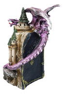 Purple Dragon Guarding LED Medieval Castle On Rocks With Book of Spells Figurine