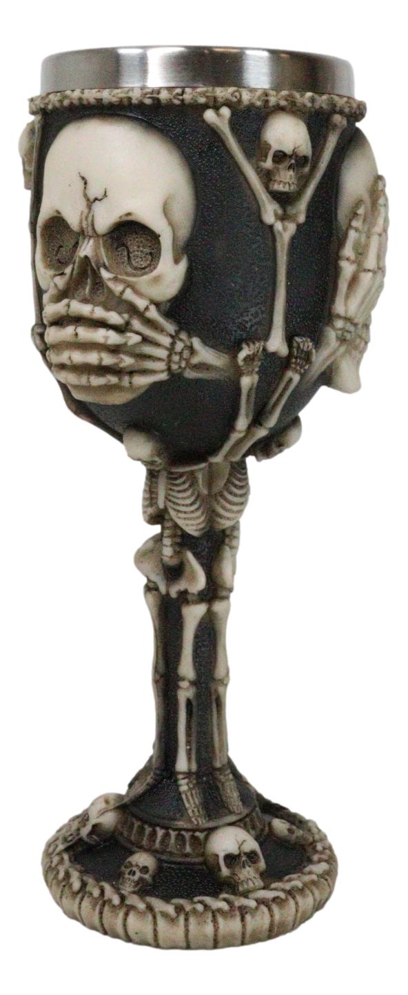 Wise Vintage See Hear Speak No Evil Skeleton Bone Skulls Wine Goblet Chalice - Ebros Gift