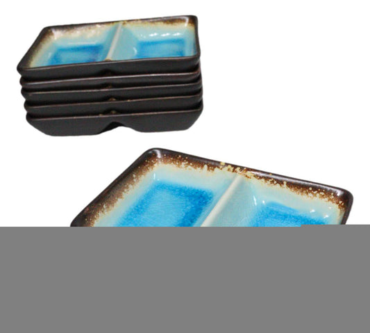 Pack Of 6 Blue Sky Aozora Kannyu Ceramic Two Compartment Rectangle Sauce Dishes
