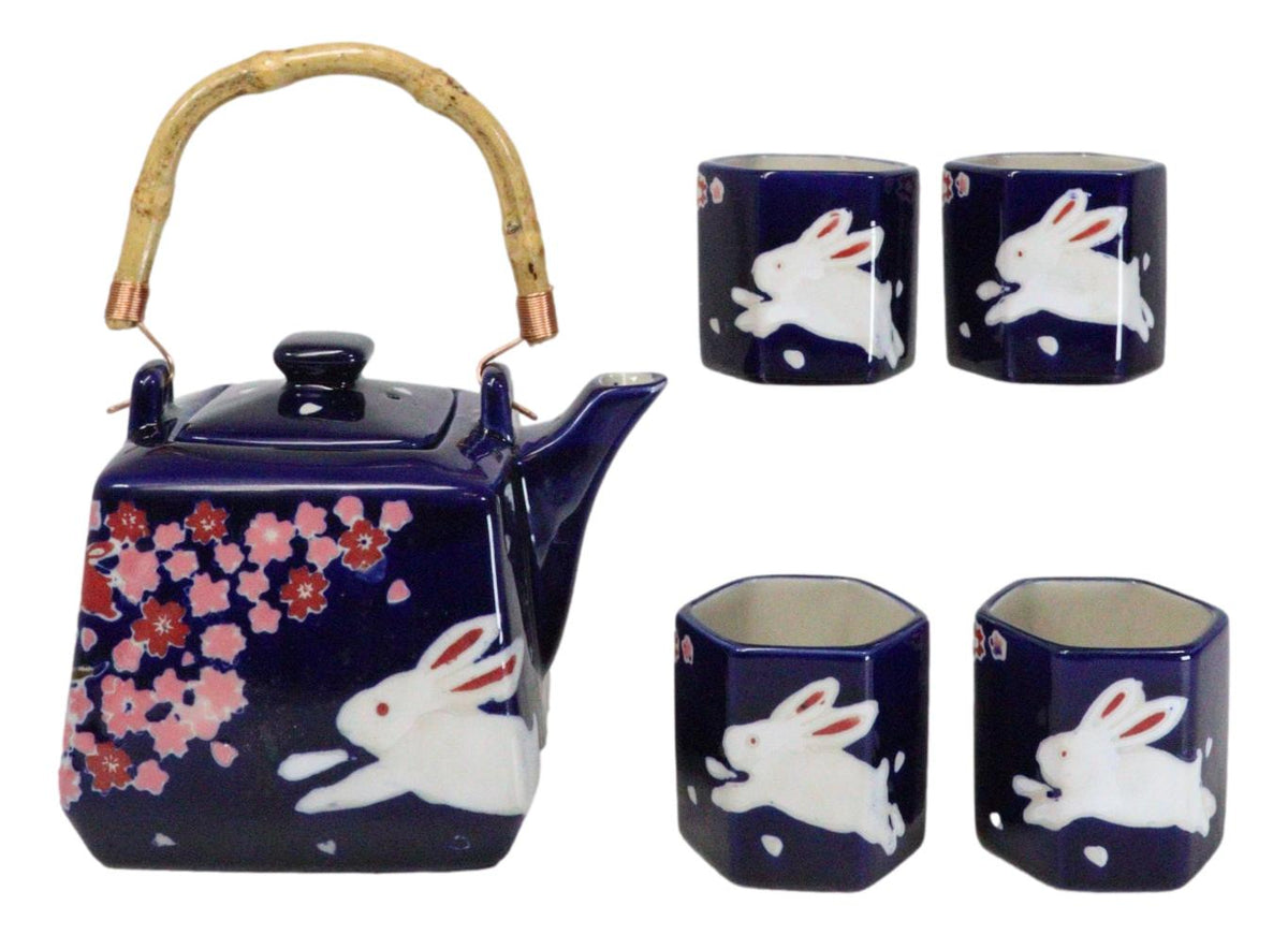 Blue Sakura Cherry Blossoms With Rabbit Hexagonal Teapot With 4 Tea Cups Set