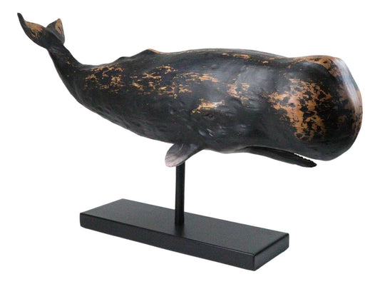 30"L Large Nautical Marine Sperm Whale Fish Faux Wood Sculpture On Pole Stand - Ebros Gift