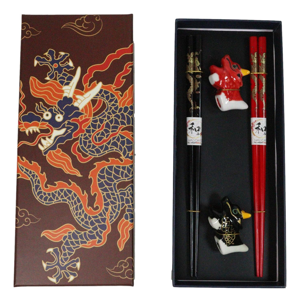 Red And Black Oriental Ryu Dragons Set of 2 Chopsticks And Ceramic Rests Set