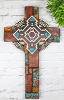 Southwestern Aztec Vector Wheel Trinity Turquoise Floral Faux Leather Wall Cross