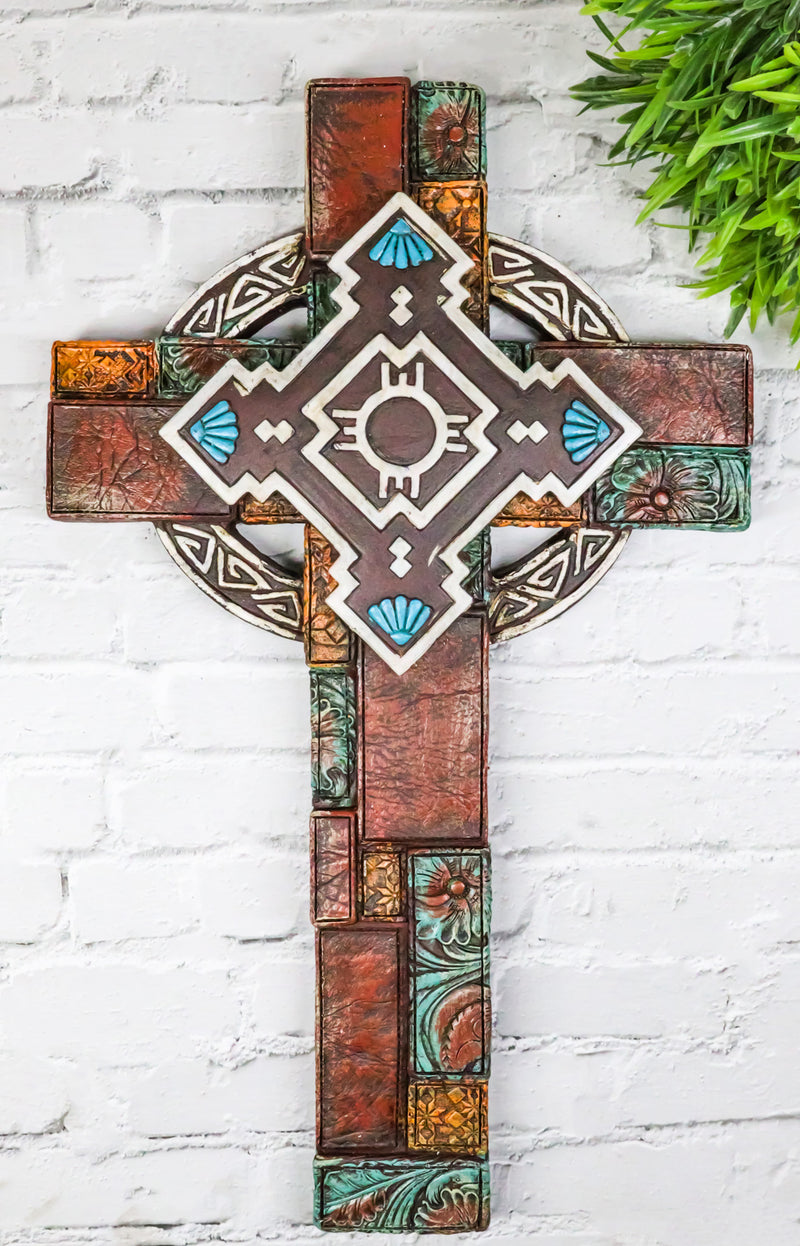 Southwestern Aztec Vector Wheel Trinity Turquoise Floral Faux Leather Wall Cross