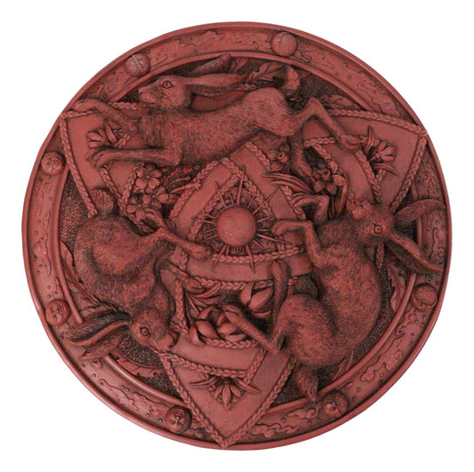 Wicca Sabbats Celtic Trinity Hares Wall Plaque Decor Faux Wooden Finish
