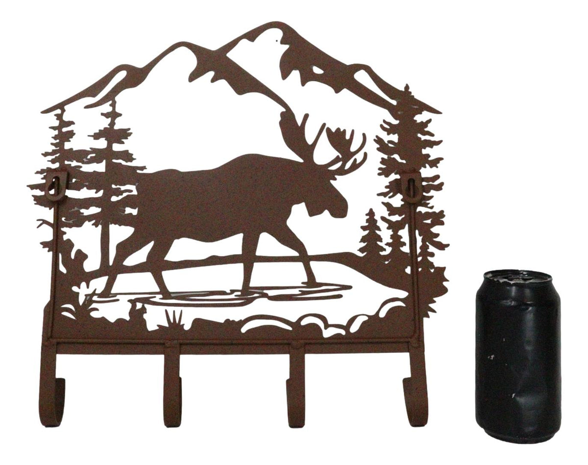 Rustic Western Moose Deer By Pine Forest Mountain 4-Peg Wooden Wall Hooks Plaque