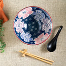 Midnight Blue Pink Floral Ceramic Ramen Bowl Soup Spoon Chopsticks And Rest Set