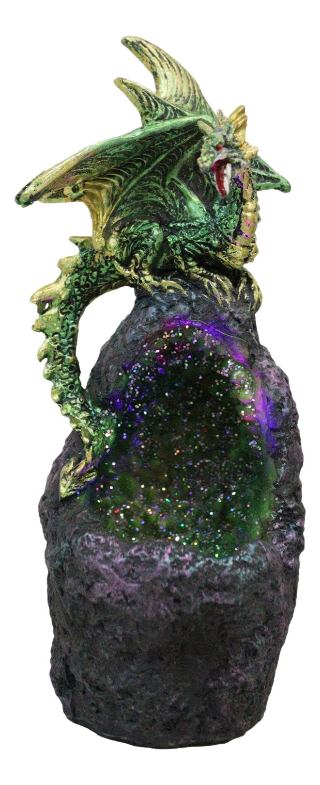 Metallic Green Gold Meteorite Dragon On Faux Geode Crystal Cavern Rock Figurine
