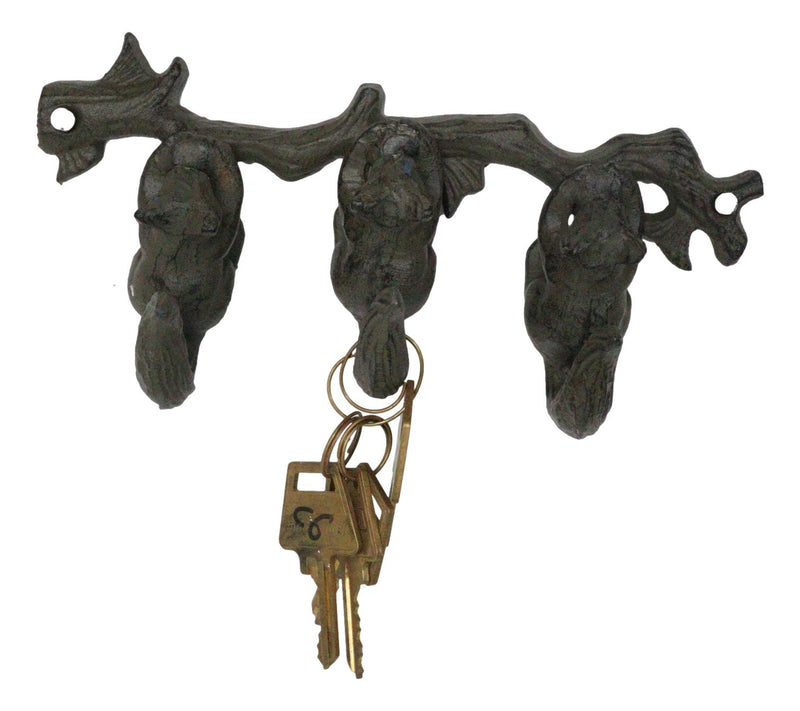 Rustic Country Cast Iron Squirrel On Tree Branch 4-Peg Wall Coat Hooks 13"L