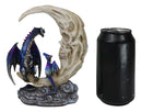 Blue Dragon With Baby Wyrmling Perching On Bone Skull Crescent Moon Figurine