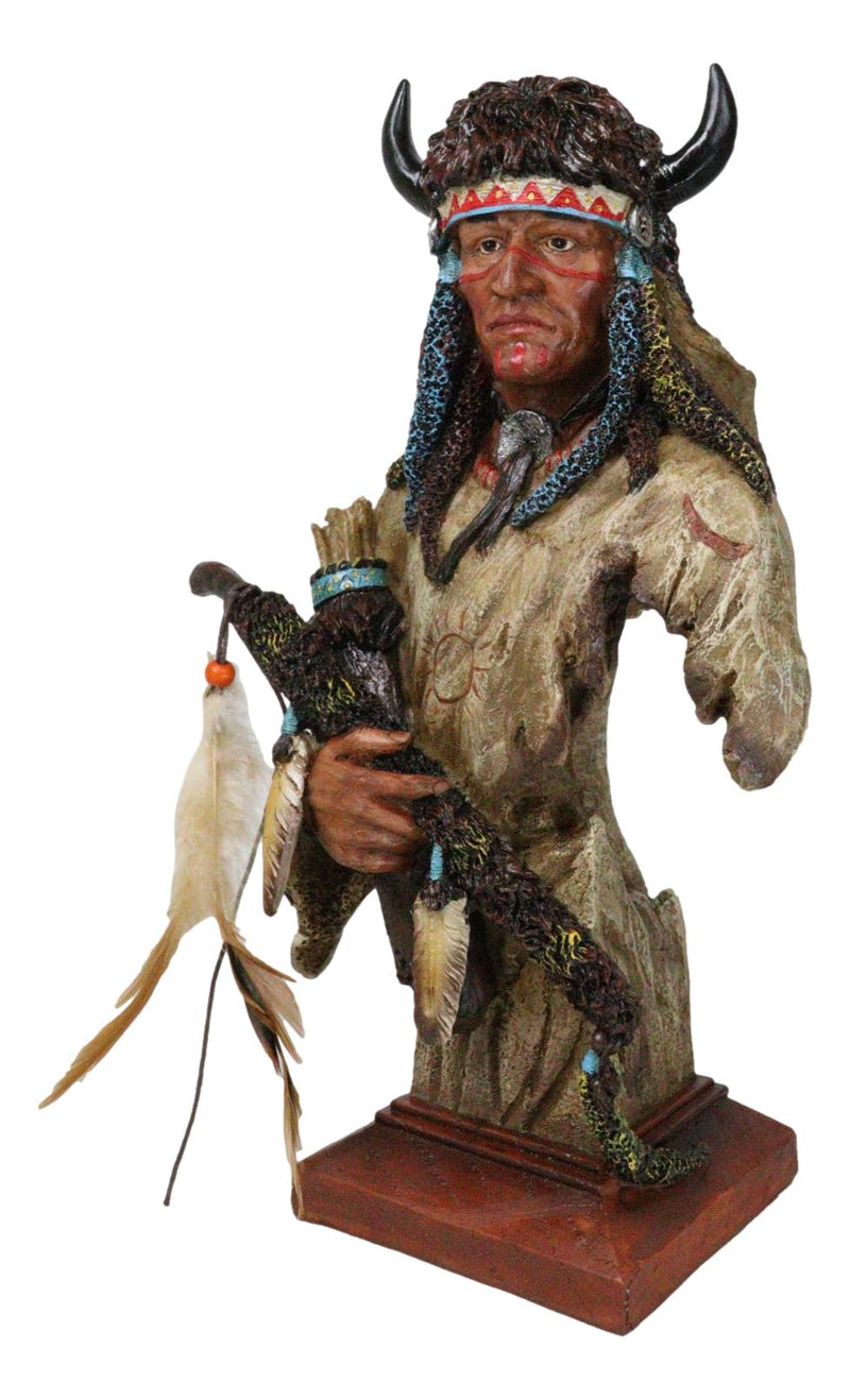 Native Indian Chief Warrior Hunter With Buffalo Horns And Feathers Bust Figurine