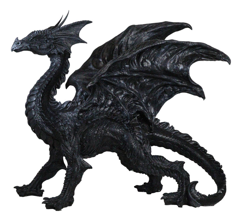 Large 24"L Nightfury Black Shadow Dragon Standing With Perched Up Wings Statue