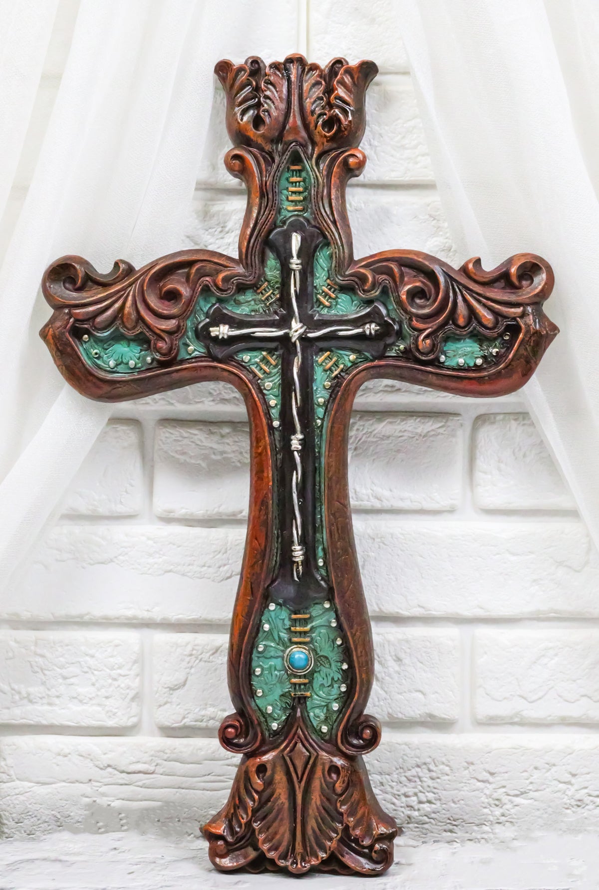 Rustic Faux Wood Carving Floral Scroll With Layered Barbed Wires Wall Cross
