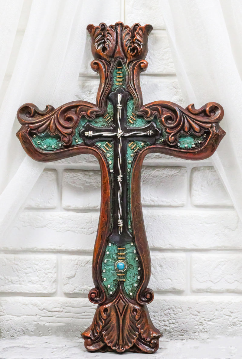Rustic Faux Wood Carving Floral Scroll With Layered Barbed Wires Wall Cross