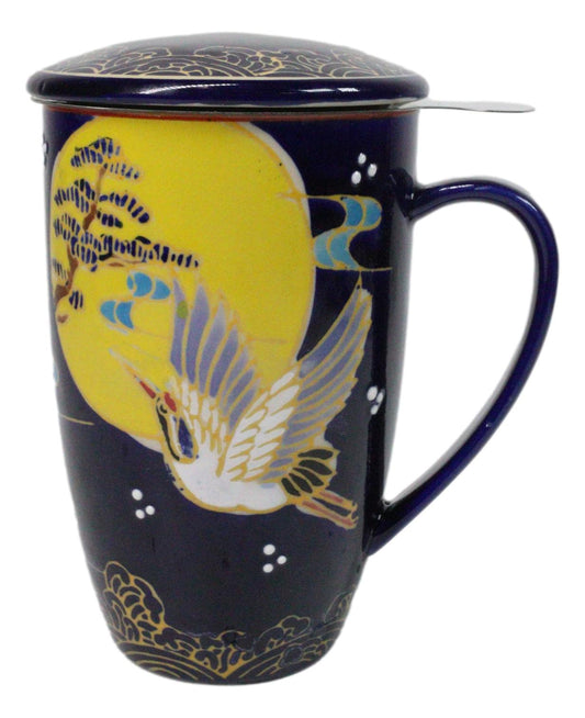 Blue Moon Japanese Crane 15oz Porcelain Tea Mug With Lid Stainless Steel Infuser
