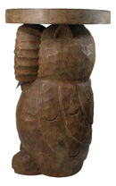 Hand Carved Whimsical Wise Owl Round Top Side Table Made Of Mango Wood 18" Tall