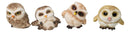 Set of 4 Baby Brown Great Horned Owl Figurines Cute Woodland Bird Collection