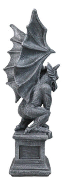 Large 17" H Gothic Crouching Wise Old Griffin Gargoyle On Pedestal Figurine