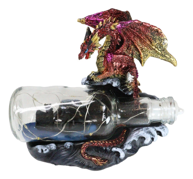 Red Gold Dragon On Ocean Waves Rock With Ship Trapped in LED Bottle Figurine
