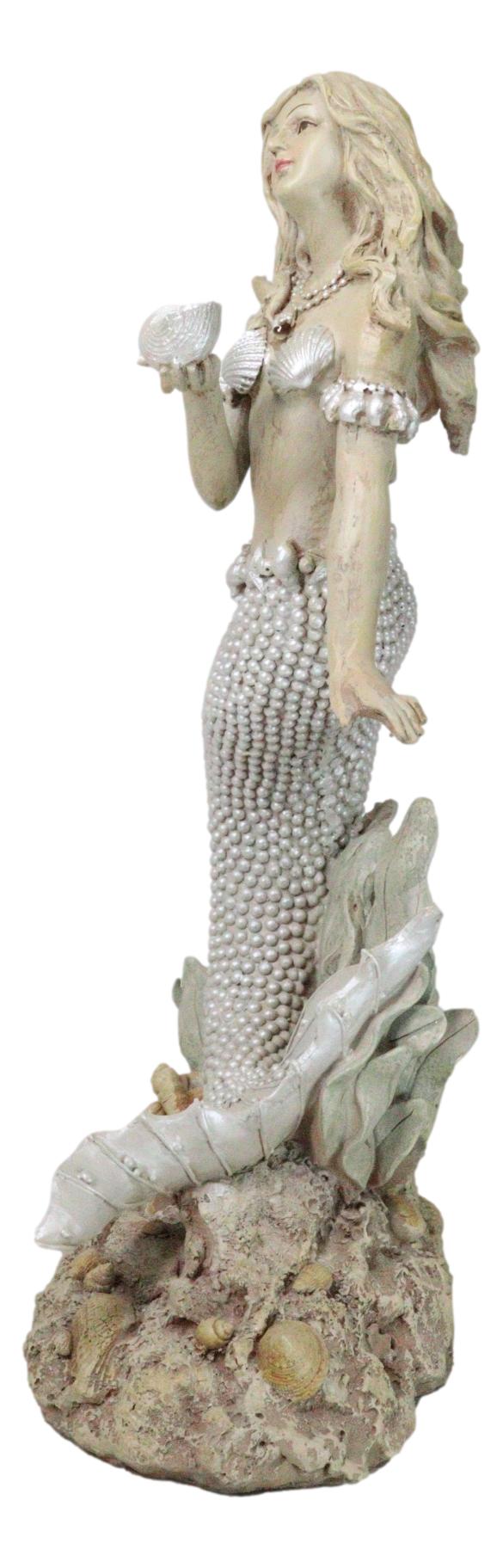 Large Vintage Sea Goddess Mermaid Holding Sconce Standing By Coral Reef Statue