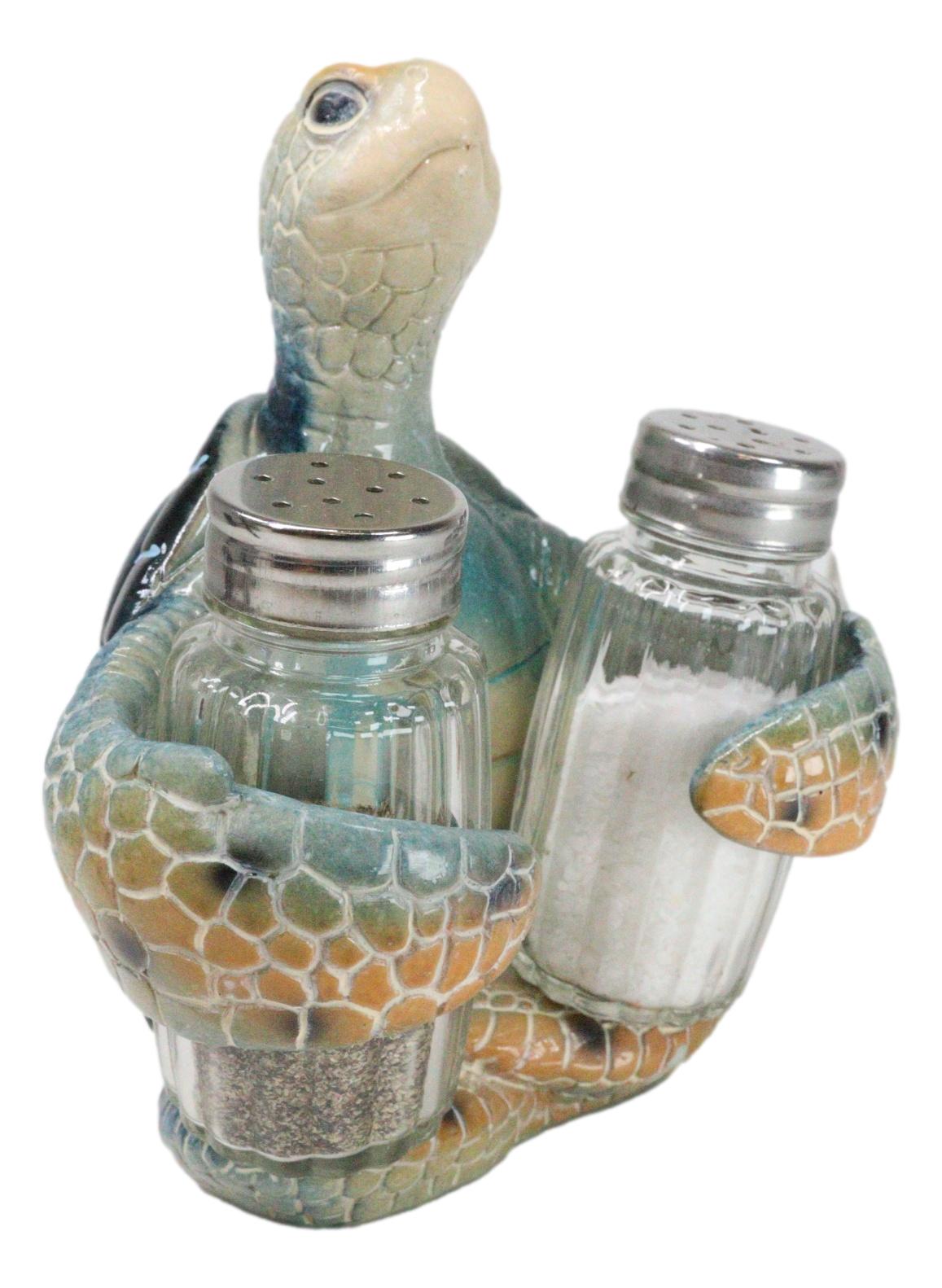 Nautical Marine Blue Giant Sea Turtle Hugging Salt And Pepper Shakers Holder Set - Ebros Gift
