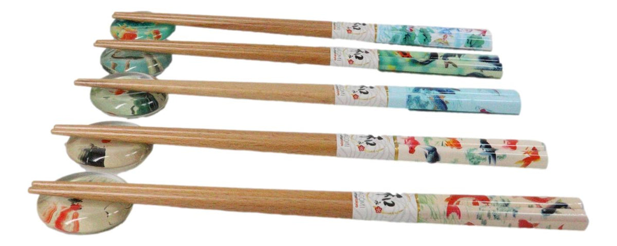 5 Pairs Of Koi Fishes In Pond Buttons Ceramic Rests With Wooden Chopsticks Set