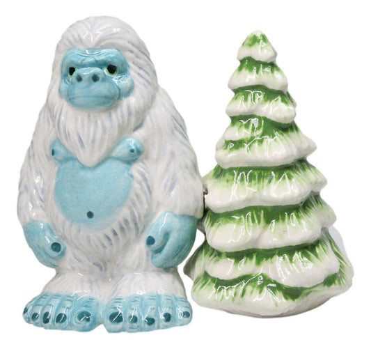 Himalayan Abominable Snowman Yeti And Pine Tree Ceramic Salt Pepper Shakers Set