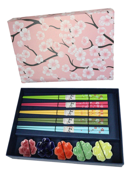 5 Pairs Of Sakura Cherry Blossoms Ceramic Rests With Wooden Chopsticks Set