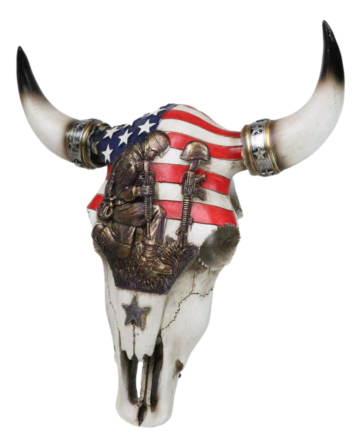 Western Patriotic USA Flag Helmet Rifle Soldier Memorial Cow Skull Wall Decor - Ebros Gift
