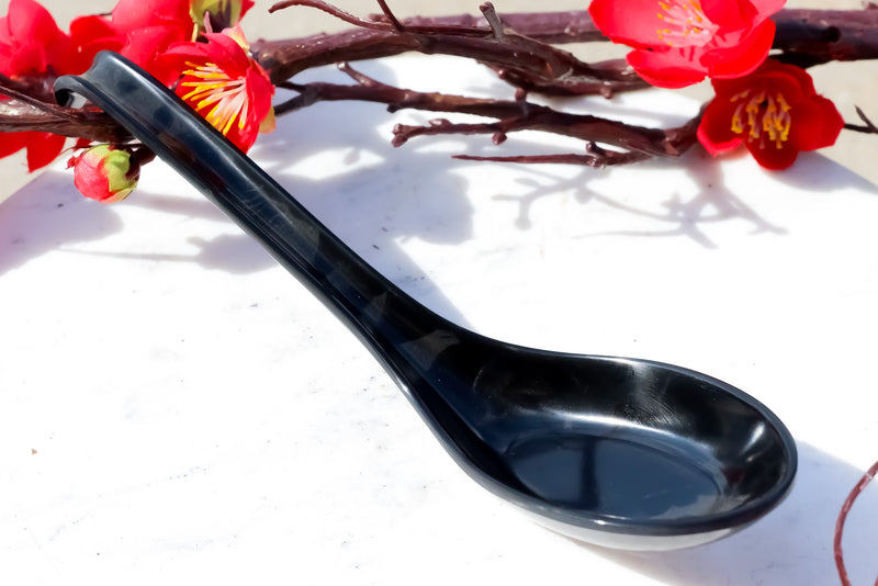 Glossy Black Melamine Ladle Style Soup Spoons With Hook Ends 1oz Set of 6 Spoon