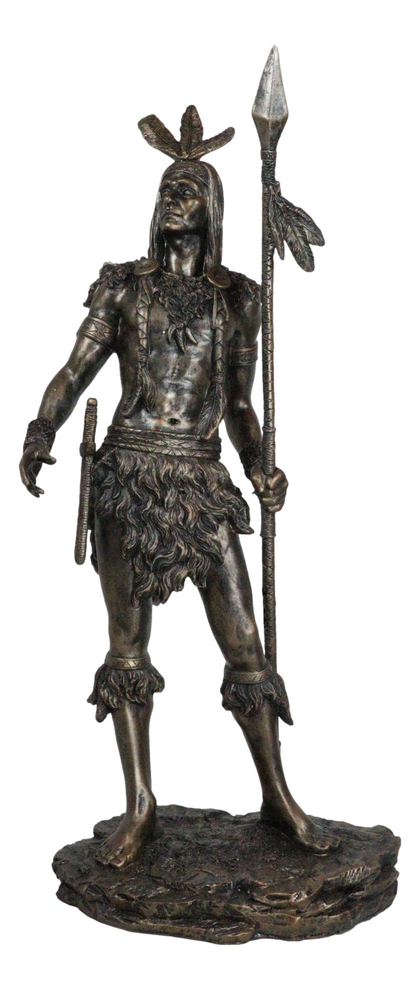 19" H Native American Indian Tribal Warrior Hunter Chief Holding Spear Figurine