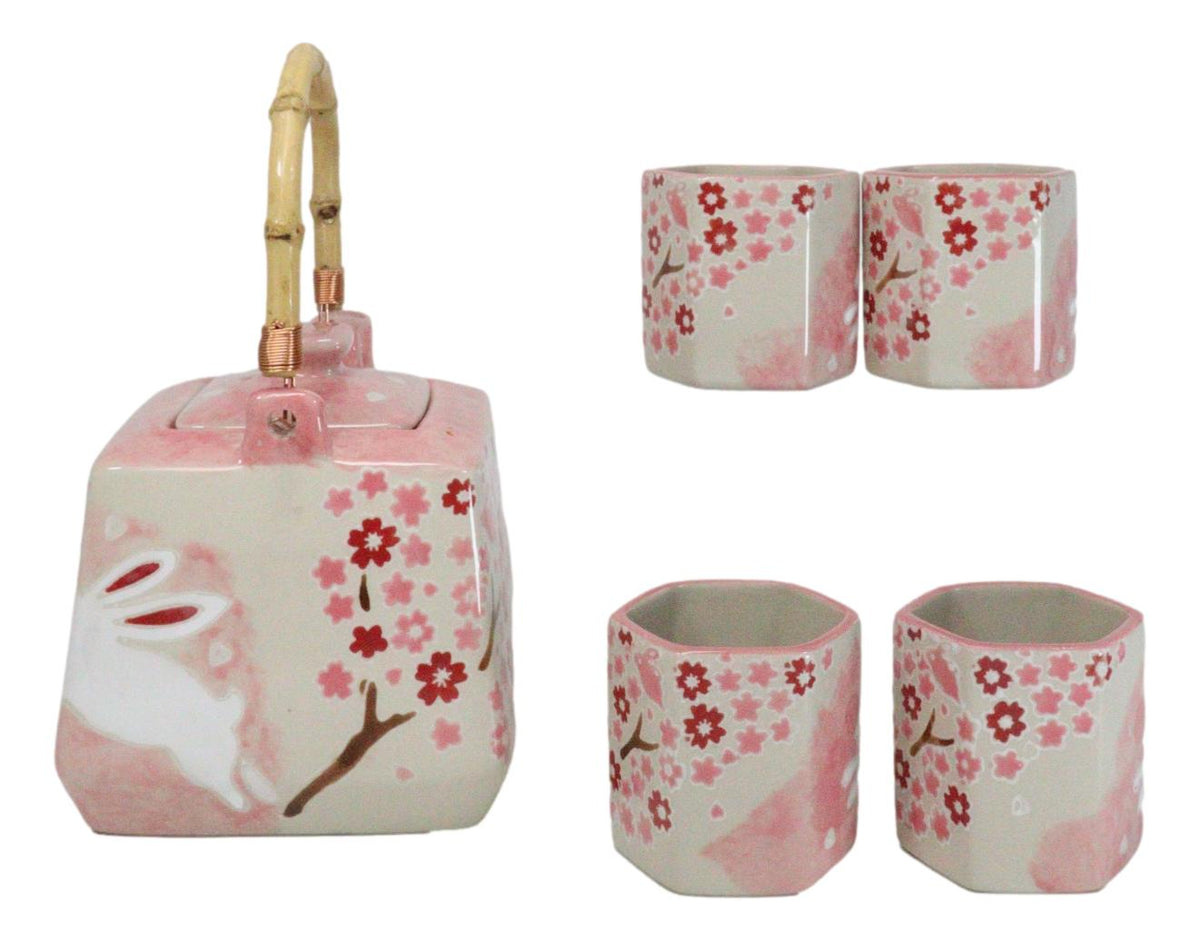 Pink Sakura Cherry Blossoms With Rabbit Hexagonal Teapot With 4 Tea Cups Set