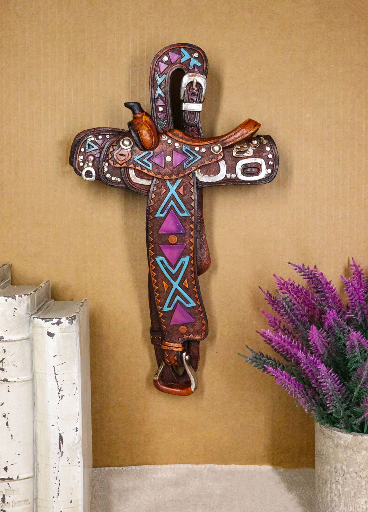 Country Western Rustic Horse Saddle Faux Tooled Leather Decorative Wall Cross