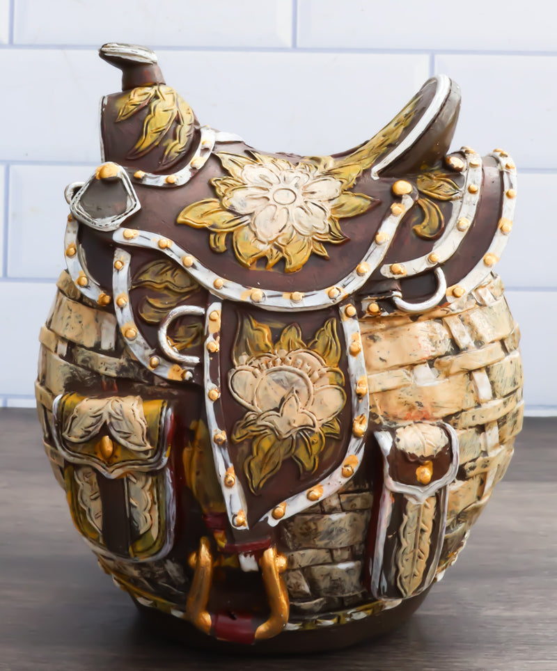 Rustic Western Brown Cowboy Horse Saddle Floral Wicker Design Coin Piggy Bank