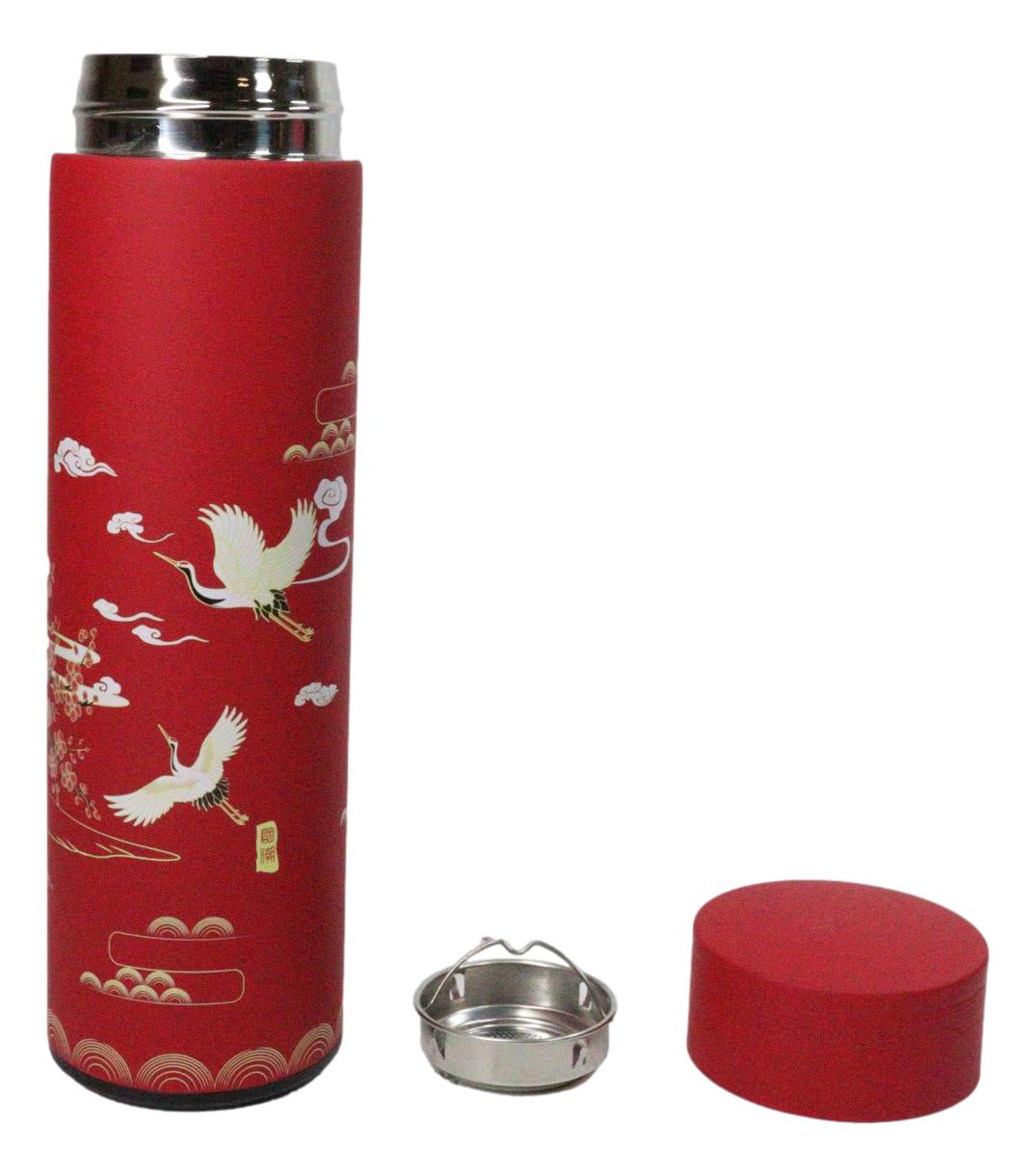 Red Sakura Cranes 17oz Vacuum Insulated Stainless Steel Thermos Bottle W Infuser