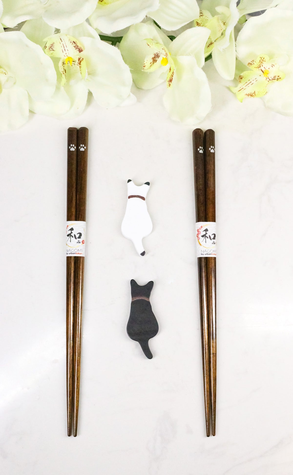 Black And White Feline Cats With Tails Set of 2 Chopsticks And Wooden Rests Set