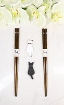Black And White Feline Cats With Tails Set of 2 Chopsticks And Wooden Rests Set