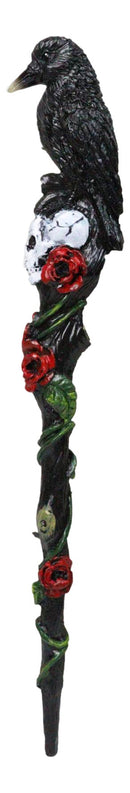 Fantasy Raven Crow Perching On White Skull with Rose Vines Decorative Magic Wand