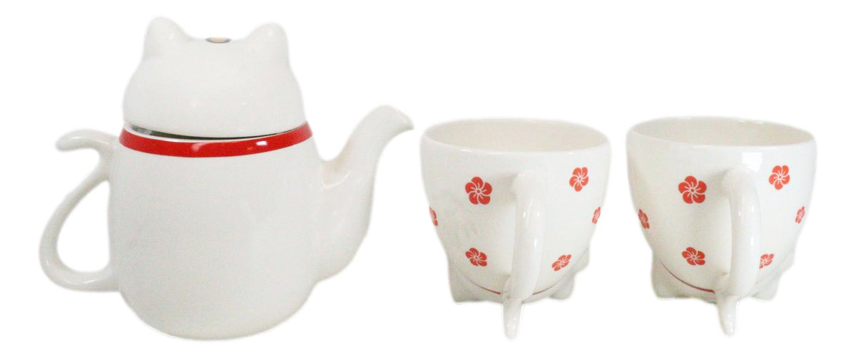 Japanese Maneki Neko Lucky Beckoning Cat Ceramic Tea Pot And 2 Teacup Mugs Set