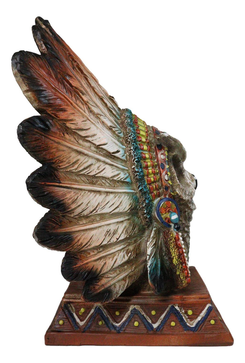 Native American Indian Great Horned Owl Chief With Roach Headdress Figurine