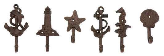 Pack of 6 Cast Iron Marine Sea Horse Anchor Lighthouse Starfish Shell Wall Hooks