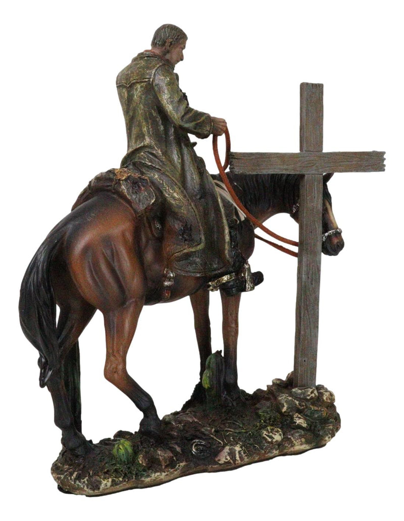 Western Cowboy in Solemn Prayer On Horse By Faded Cross And Cactus Figurine