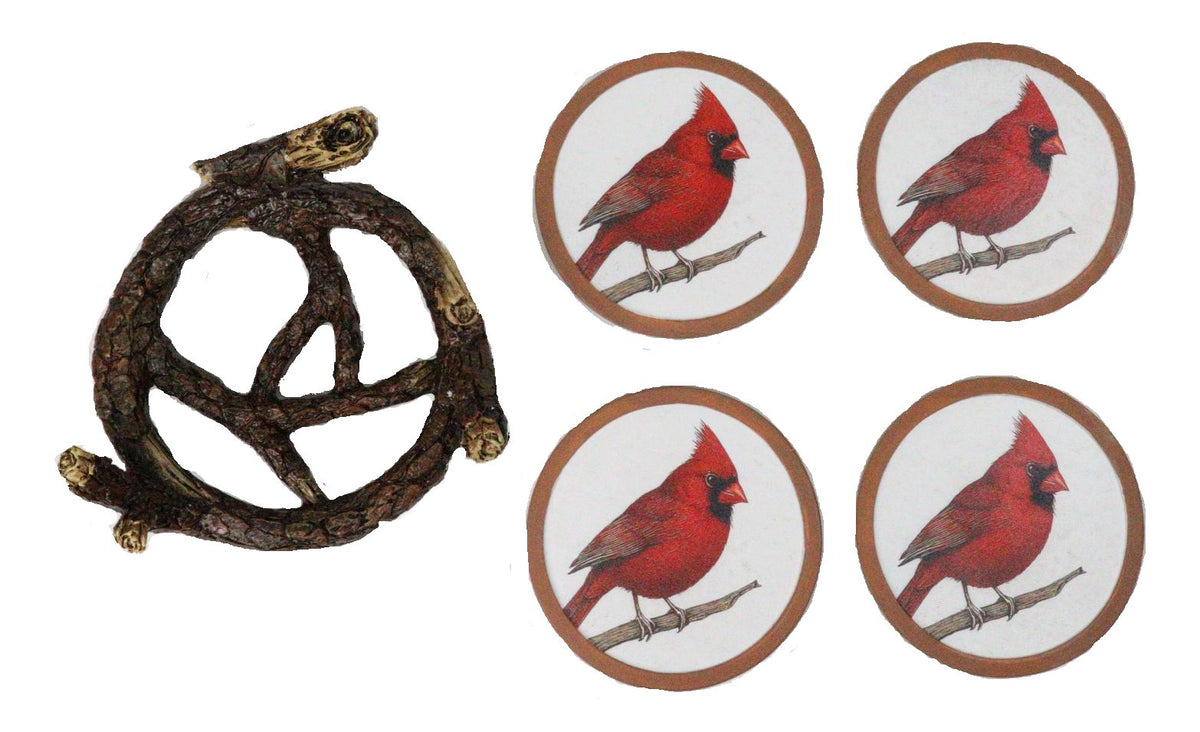 Printed Cardinal Coaster Set With Nest Holder Red Bird Decorative Drink Coasters