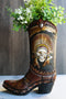 Western Indian Skull Chief with Headdress Faux Tooled Leather Cowboy Boot Vase