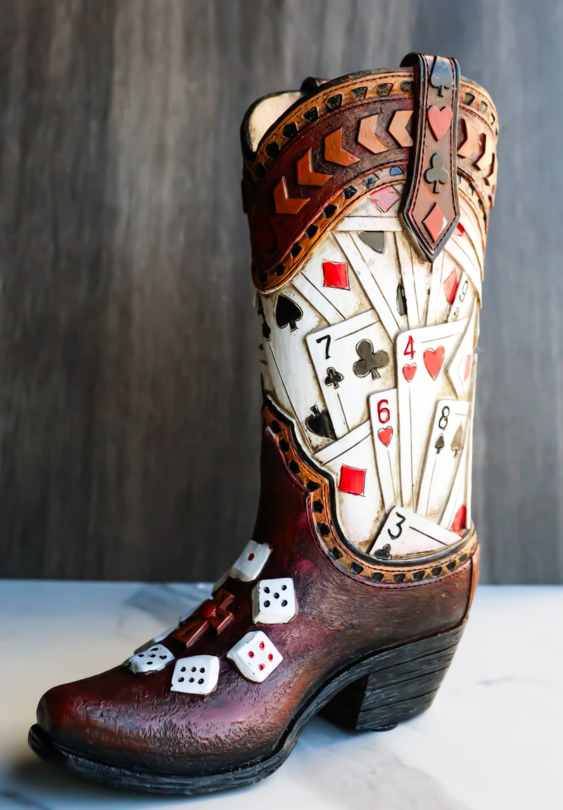 Rustic Western Gambler Casino Poker Cards Dice Cowboy Boot Vase Planter Figurine