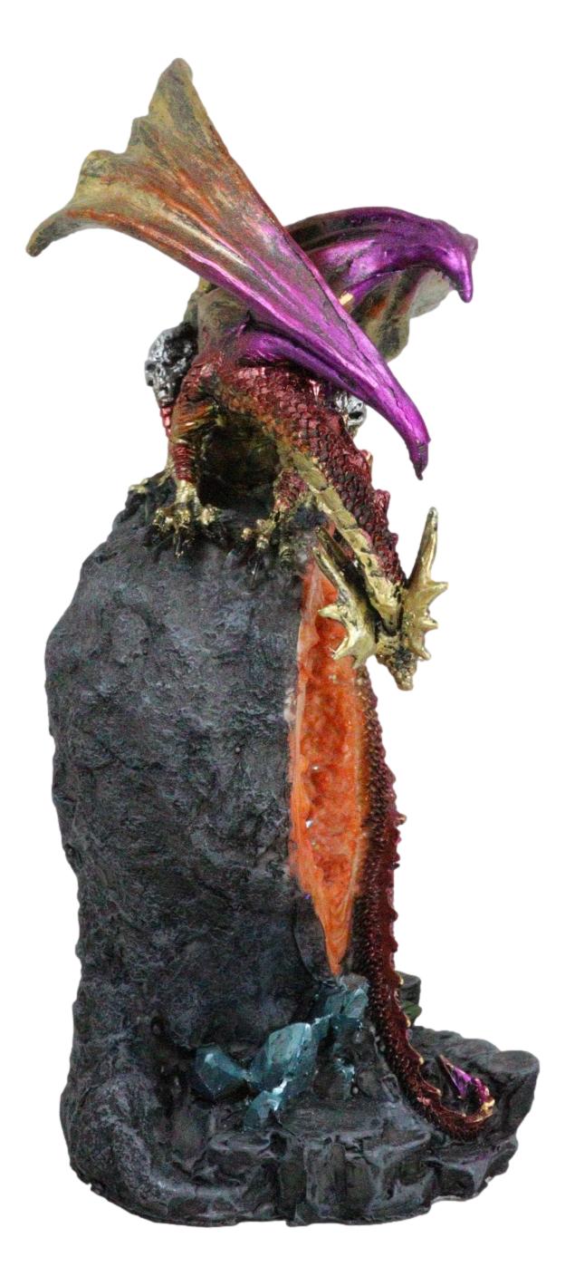 Pink Gold Dragon On Faux Crystal Orange Rock Geode With Hatchling Egg Figurine
