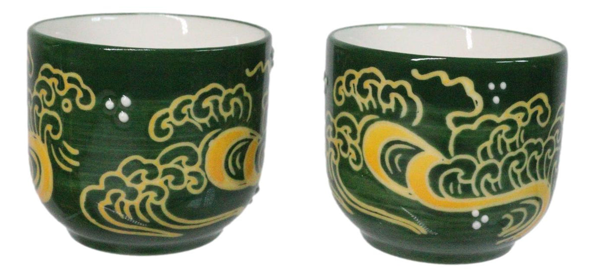 Green Golden Koi Fishes In Water Porcelain Sake Flask And 4 Ochoko Cups Set