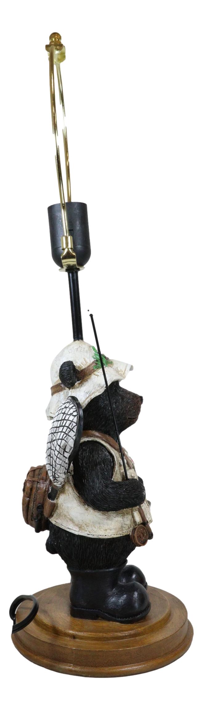 Camping Fisherman Angler Bear Going Fishing With Pole Net And Bucket Table Lamp