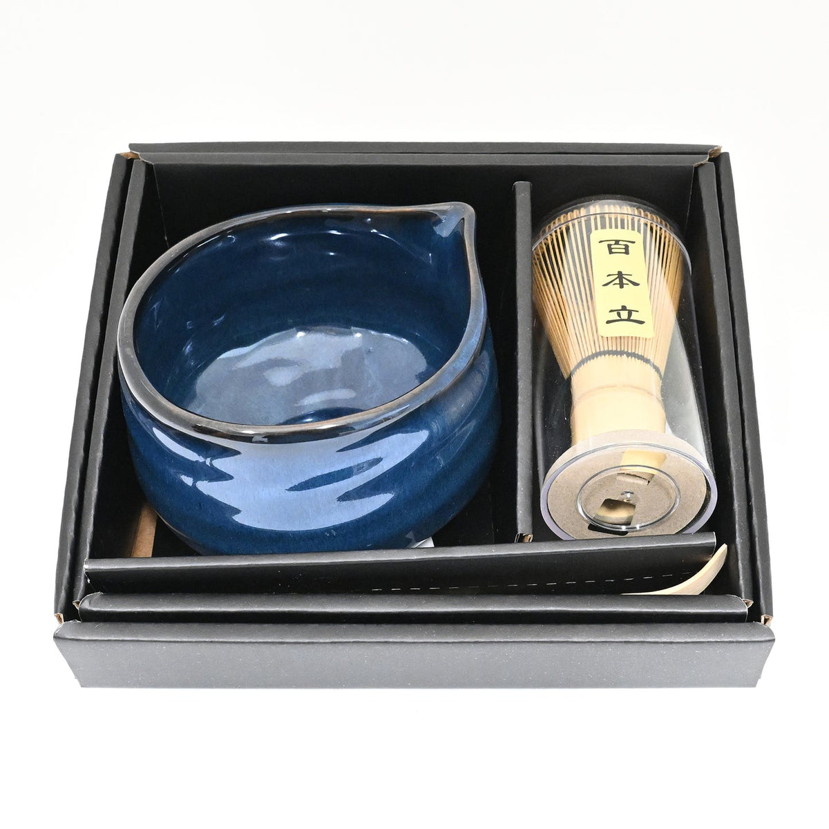 Glossy Navy Blue Ceramic Japanese Matcha Green Tea Bowl Whisk & Scoop Set